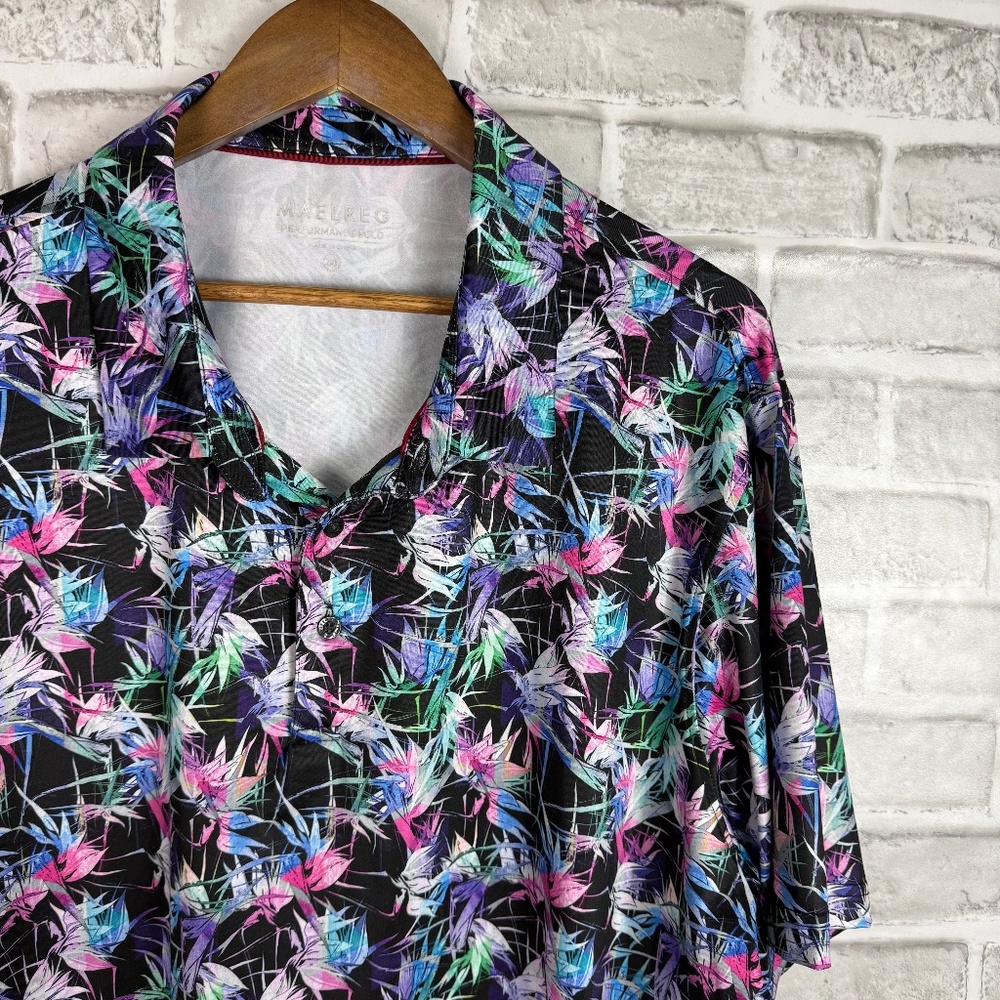 Maelreg Performance Primary Black Colorful Floral Print Golf Polo Mens 2XL